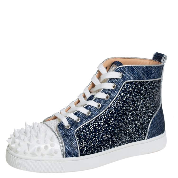 Christian Louboutin Denim Blue Silver White Lou Degra Spikes Studded High Top Sneakers Size 40