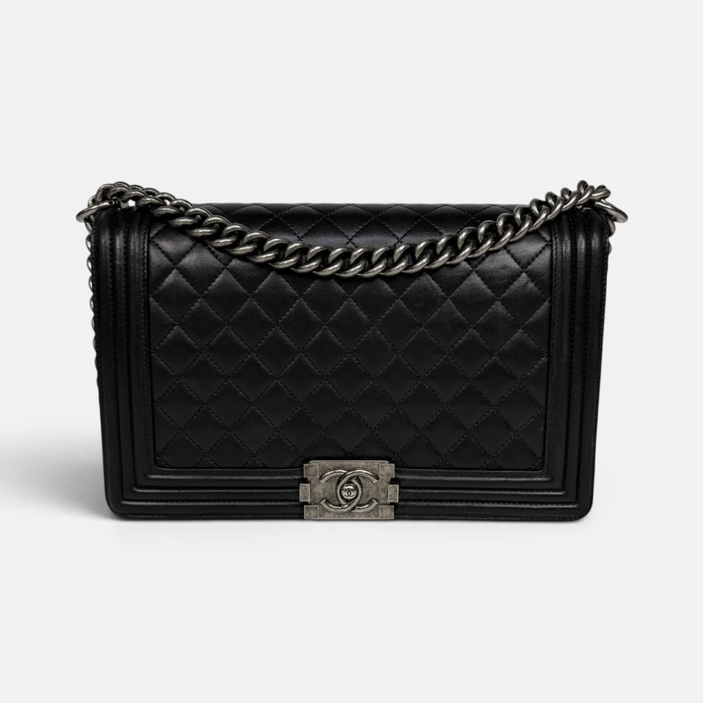 CHANEL BLACK LAMBSKIN LEATHER LARGE BOY BAG WITH RHW