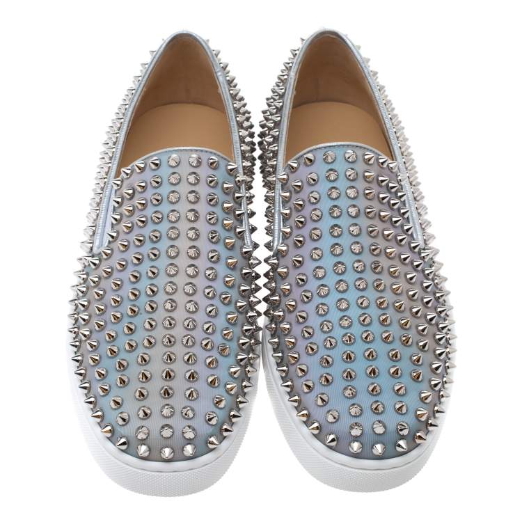 Christian Louboutin Metallic Silver Leather Roller Boat Spiked Slip On Sneakers Size 40