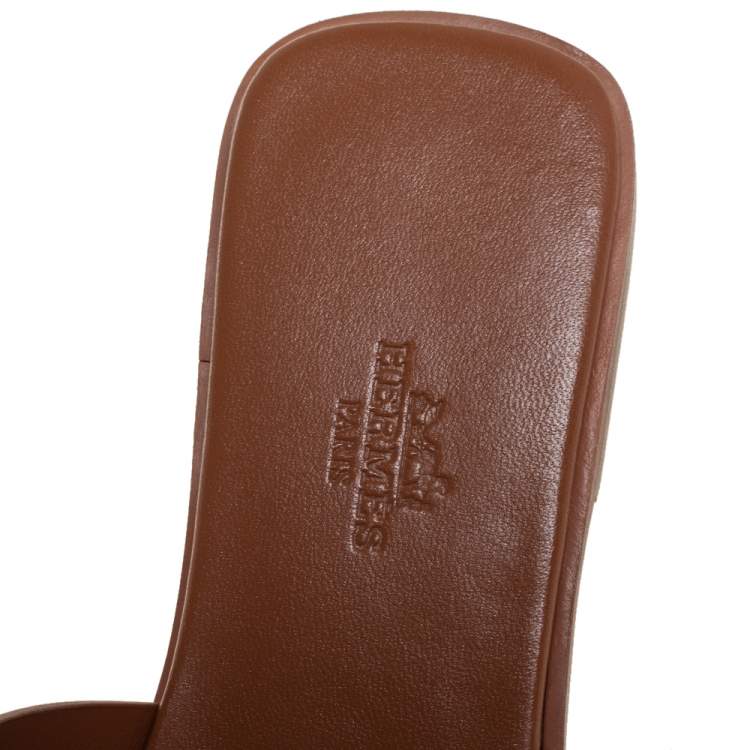 Hermes Brown Leather Villa Flat Slides Sandals Size 37.5