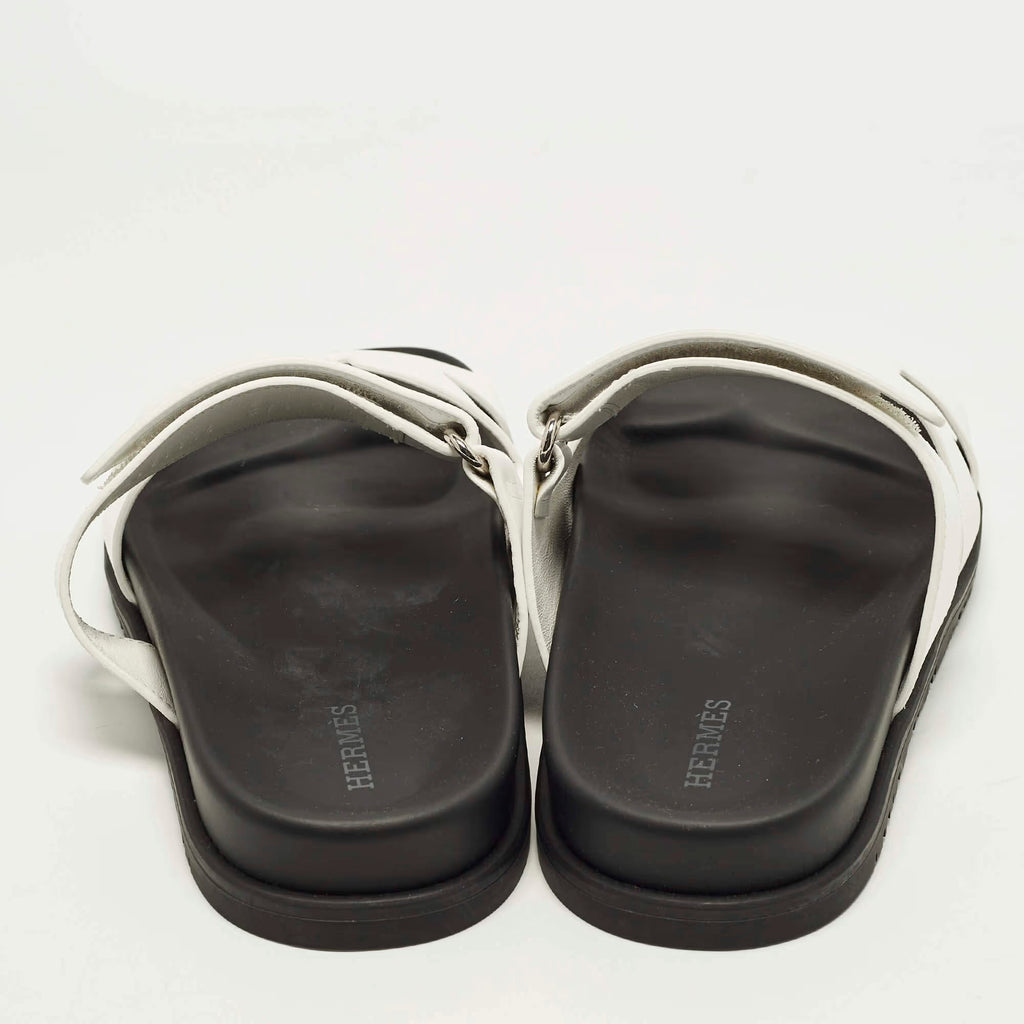 Hermes Chypre Size 37.5 White Leather Flat Slide