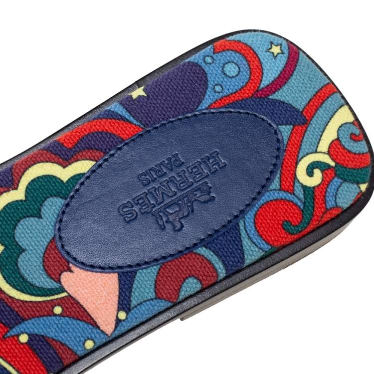 Hermes Navy Blue Leather Oran Flat Slide Sandals Size 36