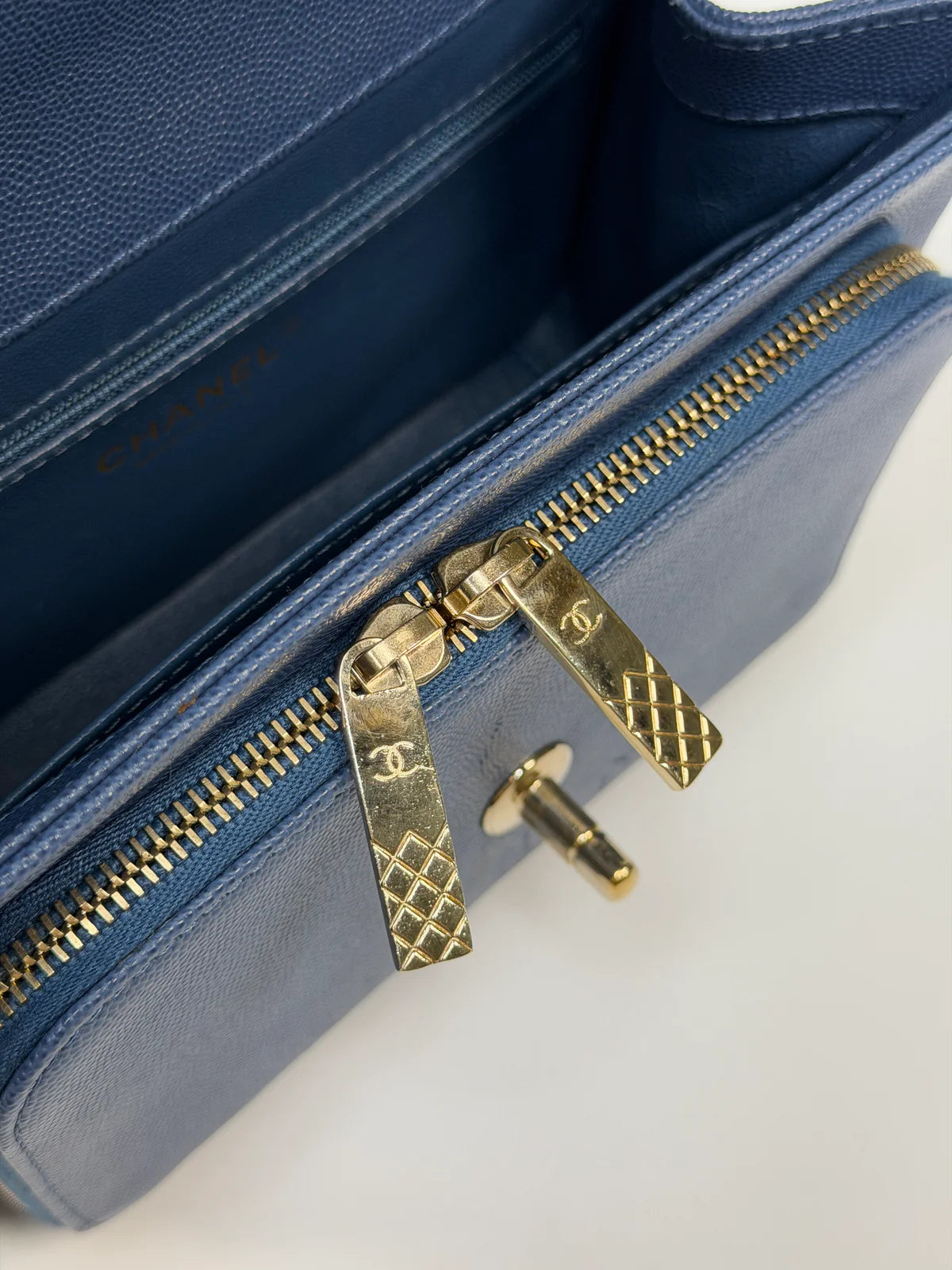 CHANEL MEDIUM BUSINESS AFFINITY BAG IN BLUE CAVIAR WITH GOLD HARDWARE