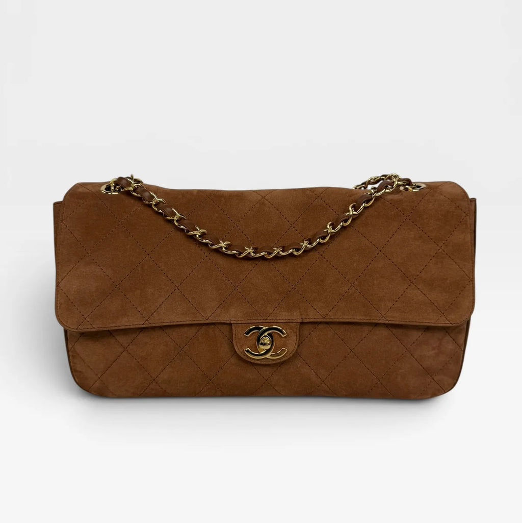 CHANEL MAXI FLAP IN TAN SUEDE WITH GOLD HARDWARE