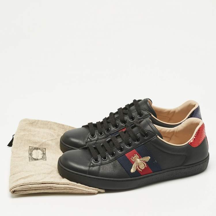 Gucci Black Leather and Snakeskin Embossed Leather Ace Lace Up Sneakers Size 38.5