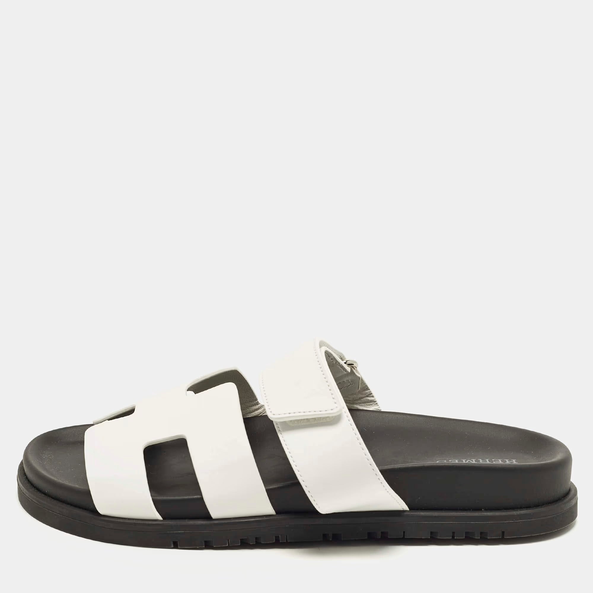 Hermes Chypre Size 37.5 White Leather Flat Slide