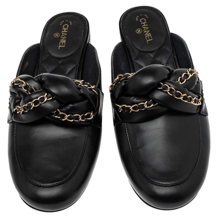 Chanel Black Leather Braided Chain Mules Size 41