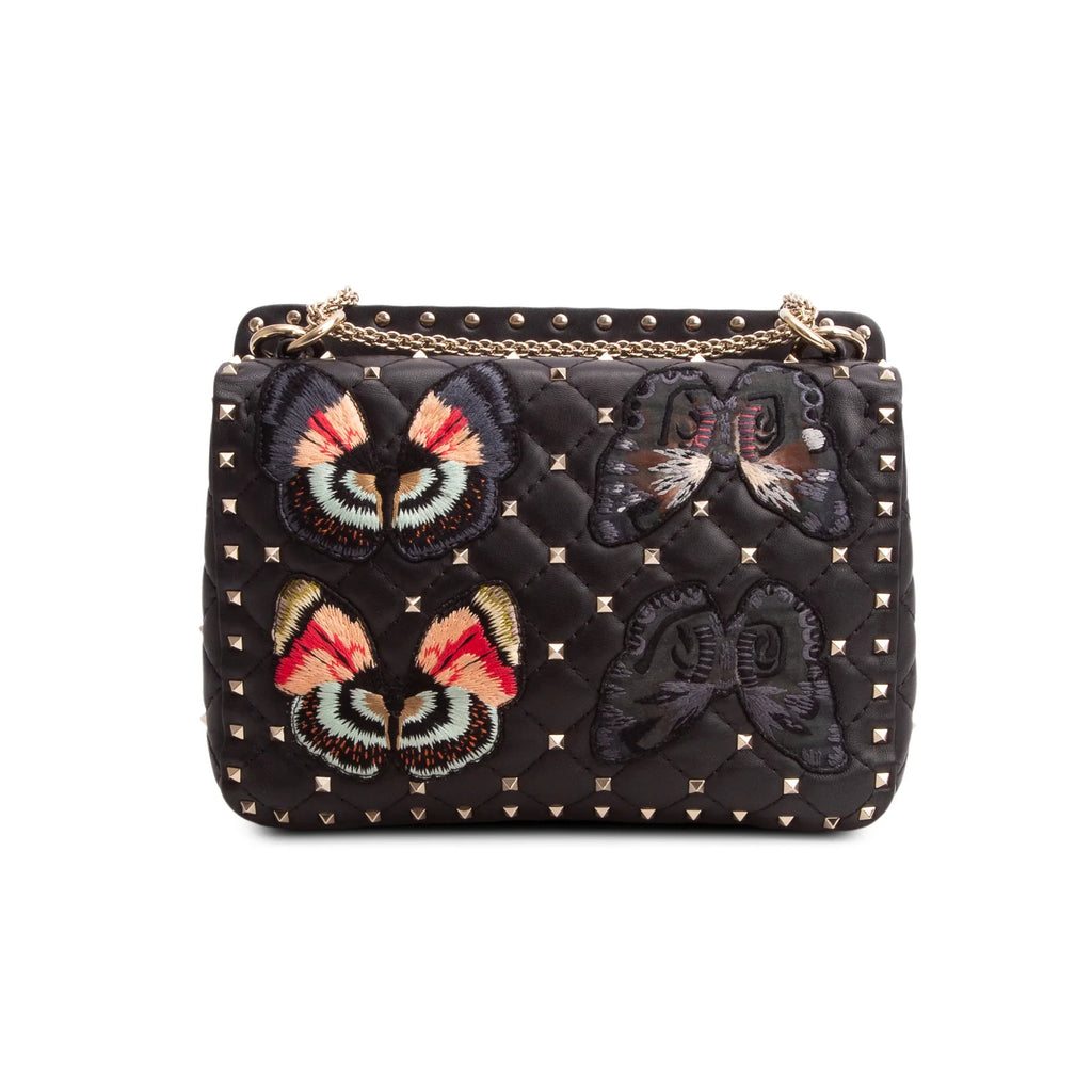 Valentino 2020 Black Nappa Leather Medium Rockstud Butterfly Embroidered Spike Shoulder Bag