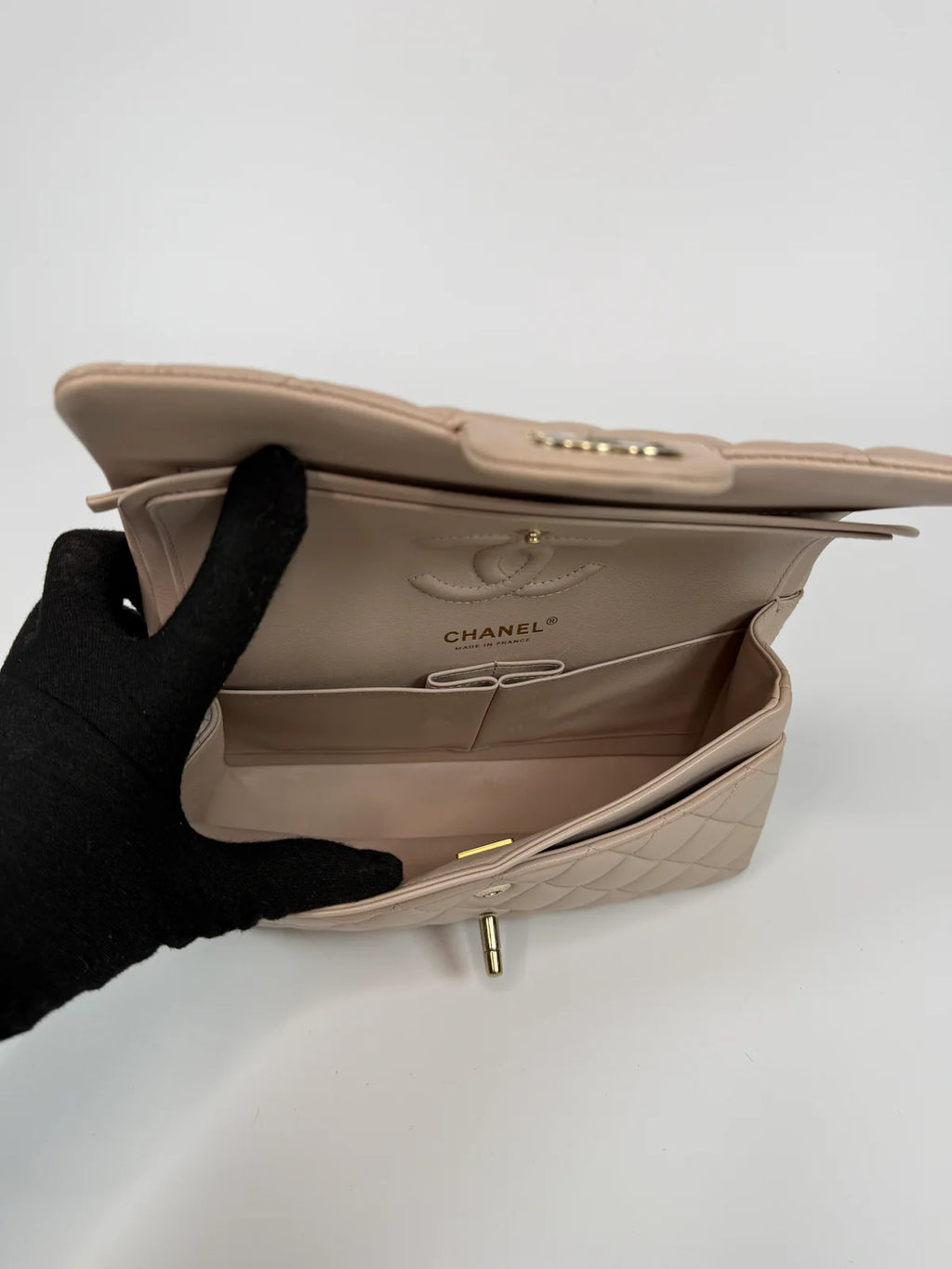 CHANEL SMALL CLASSIC DOUBLE FLAP IN LIGHT BEIGE LAMBSKIN LEATHER WITH PALE GOLD HARDWARE