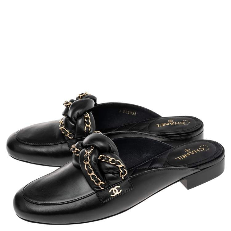 Chanel Black Leather Braided Chain Mules Size 41