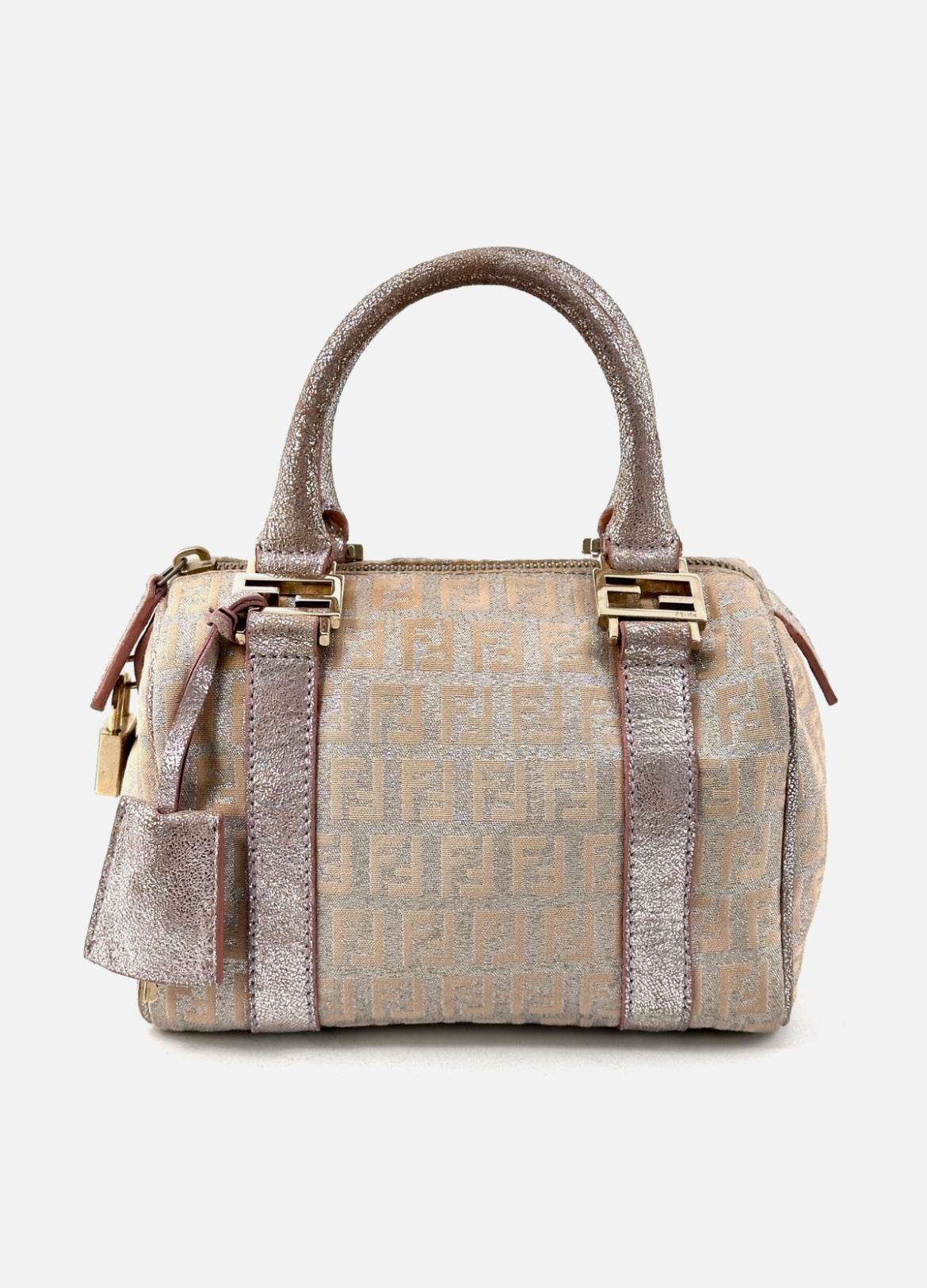 FENDI Mini Boston Bag Zucchino Canvas Leather Pink Beige Silver Purse