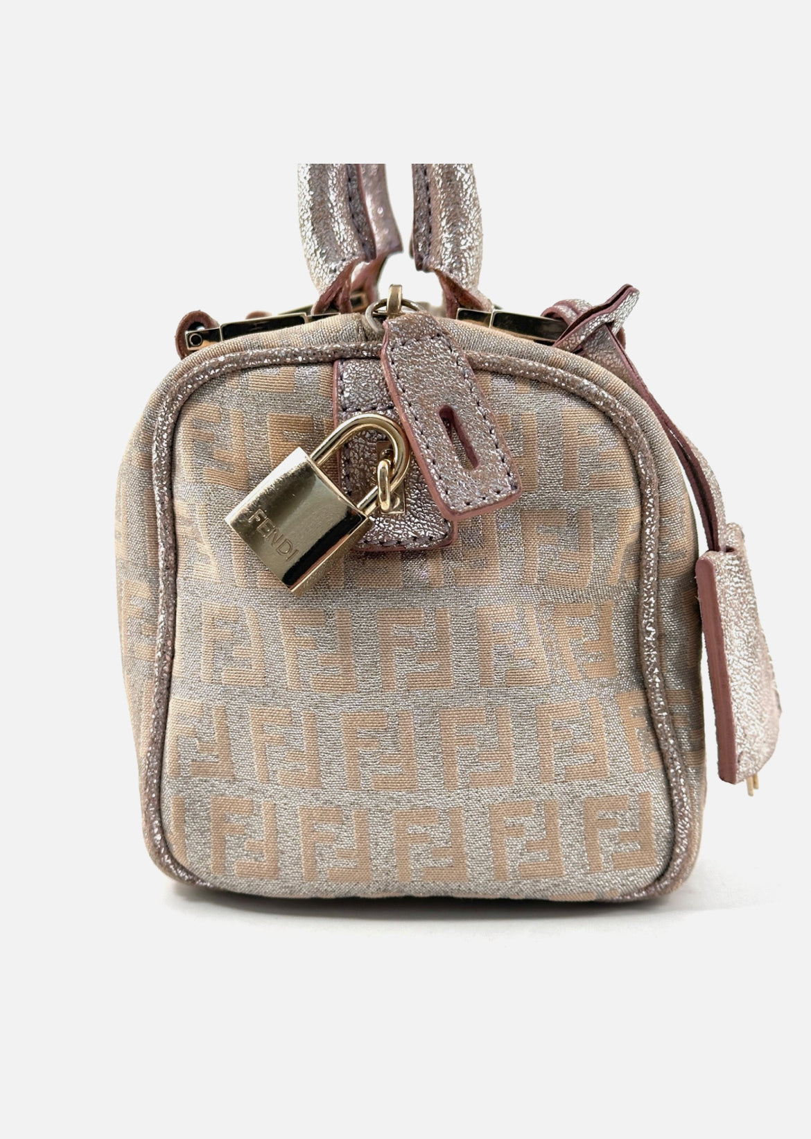 FENDI Mini Boston Bag Zucchino Canvas Leather Pink Beige Silver Purse