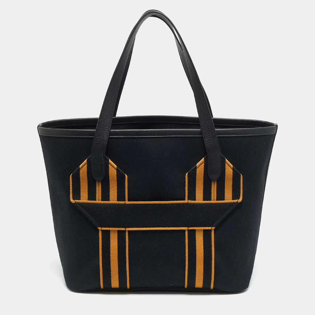 Hermes Pursangle MM Noir/Caramel Militaire Toile and Taurillon Clemence Leather Tote