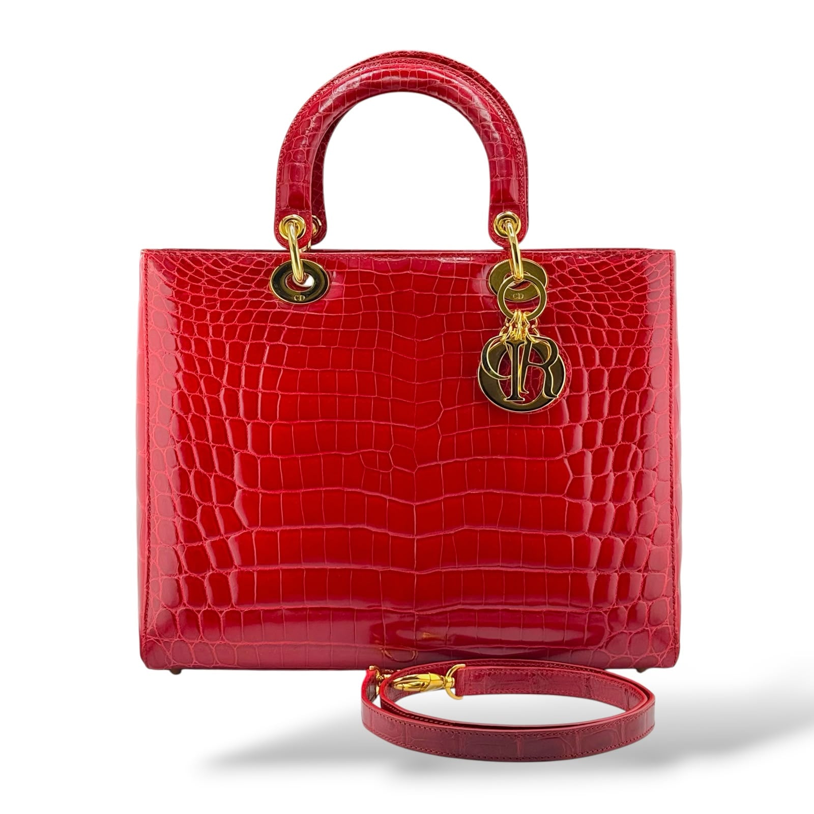 Christian Dior Red Shiny Crocodile Large Lady Dior Tote Bag