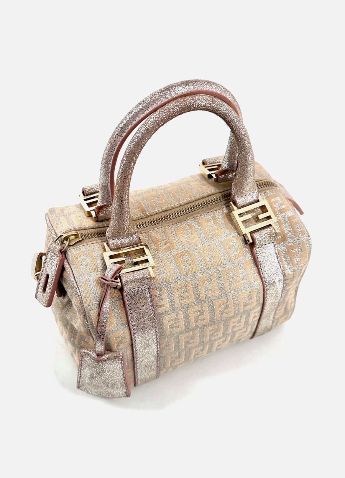 FENDI Mini Boston Bag Zucchino Canvas Leather Pink Beige Silver Purse