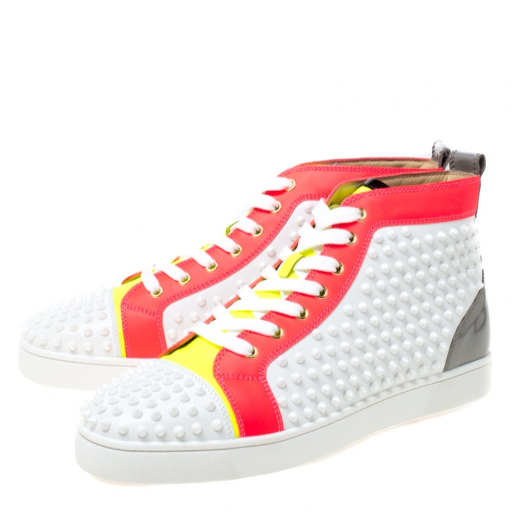 Christian Louboutin White Leather With Flourescent Matt Louis Spikes High Top Sneakers Size 45