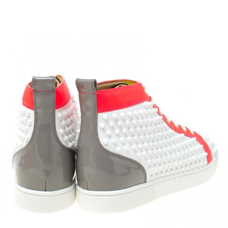 Christian Louboutin White Leather With Flourescent Matt Louis Spikes High Top Sneakers Size 45
