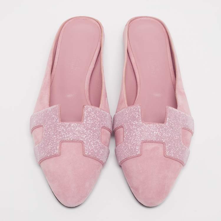Hermes Pink Glitter And Suede Roxane Mule Flats Size 36