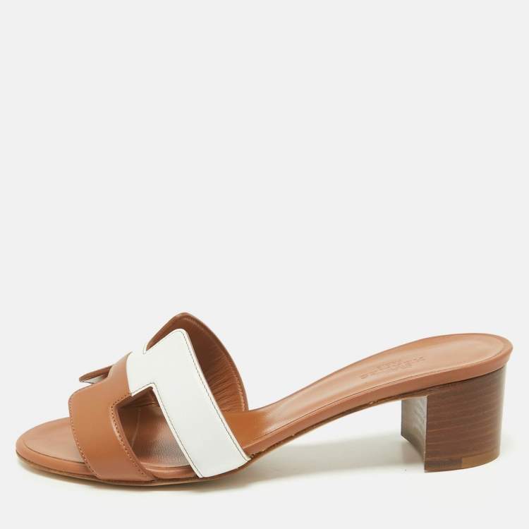 Hermes Brown/White Leather Oasis Slide Sandals Size 36.5