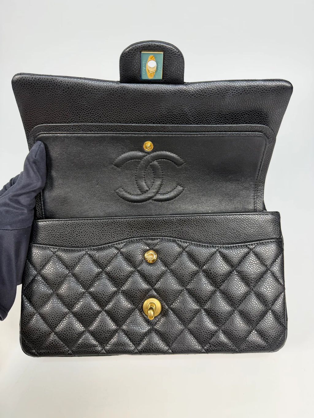 CHANEL MEDIUM CLASSIC DOUBLE FLAP BLACK CAVIAR LEATHER WITH GOLD HARDWARE