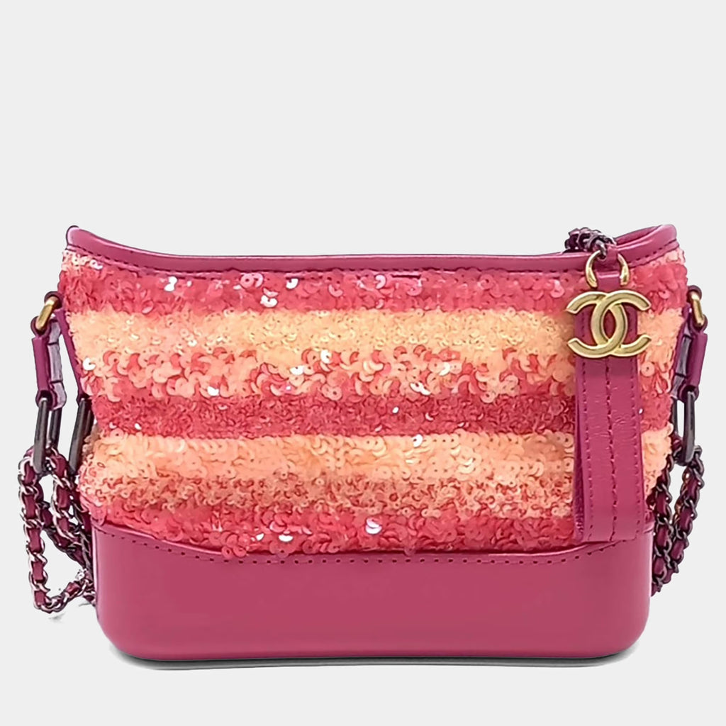 Chanel Pink/Red Leather and Sequins Gabrielle Hobo Bag Small