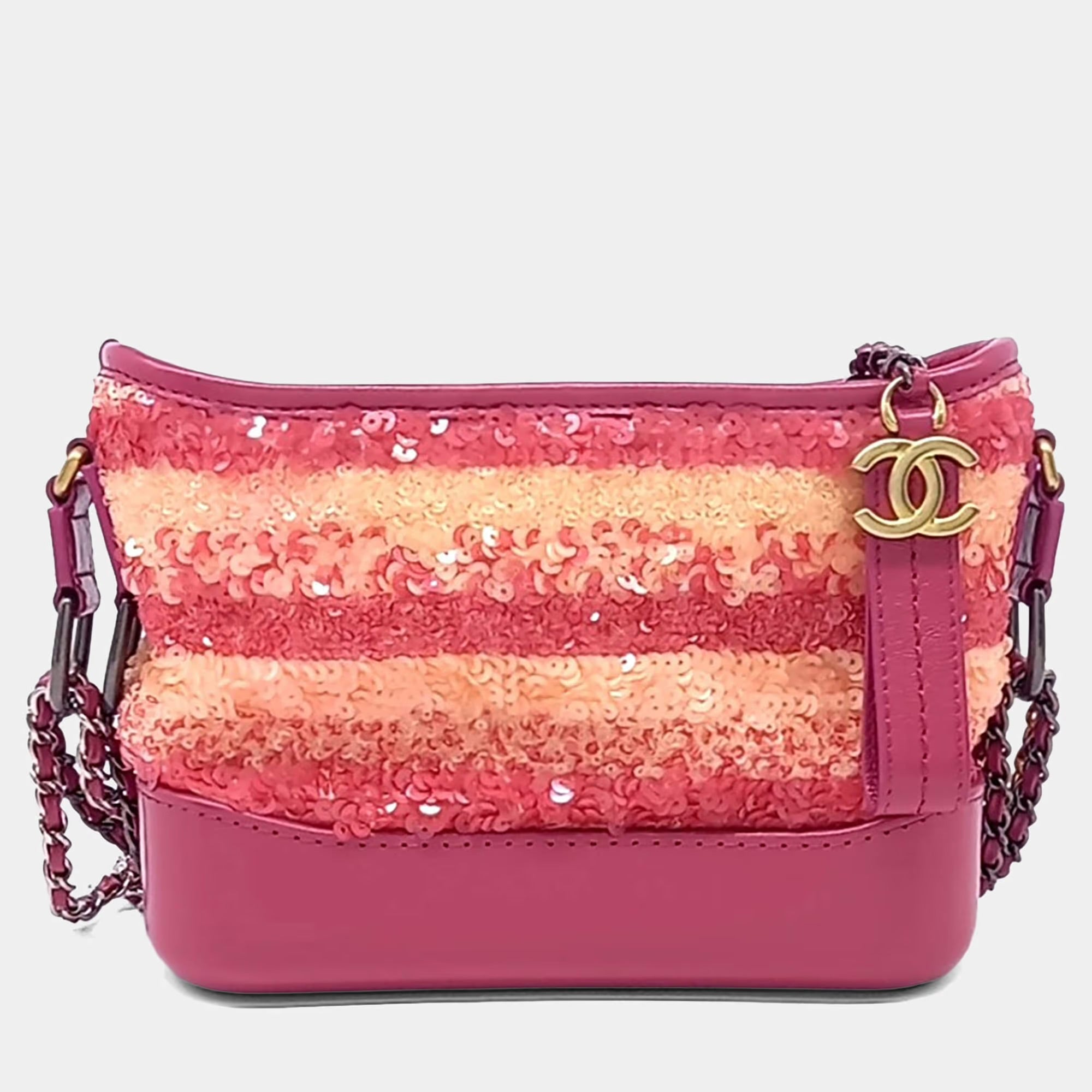 Chanel Pink/Red Leather and Sequins Gabrielle Hobo Bag Small
