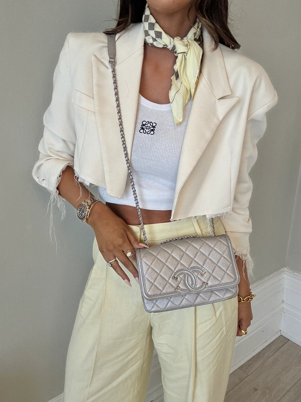 CHANEL CC FILIGREE WALLET ON CHAIN IN METALLIC SILVER