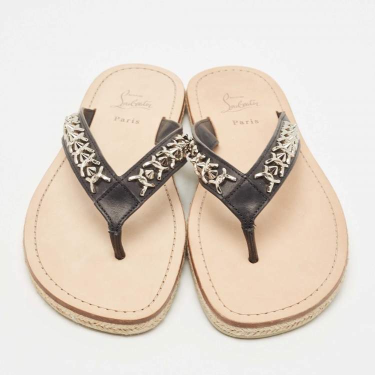 Christian Louboutin Black Leather Spike Thong Sandals Size 43