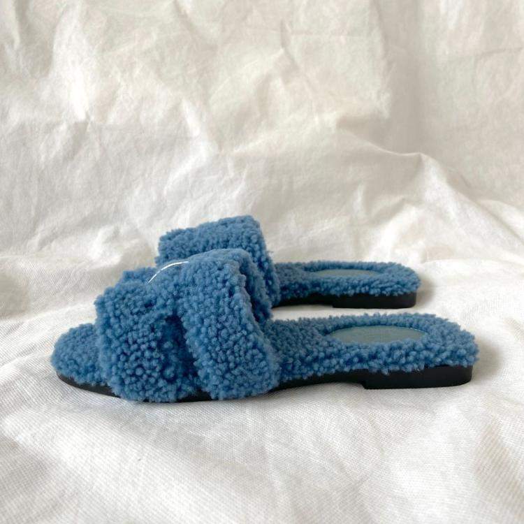 Hermes Blue Leather Oran Shearling Flats Size EU 37