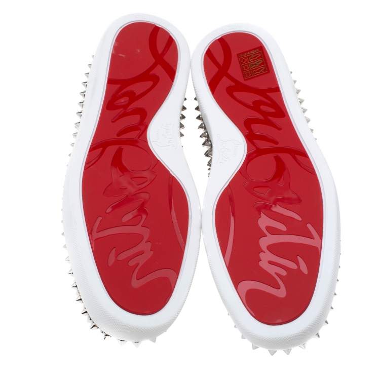 Christian Louboutin Metallic Silver Leather Roller Boat Spiked Slip On Sneakers Size 40