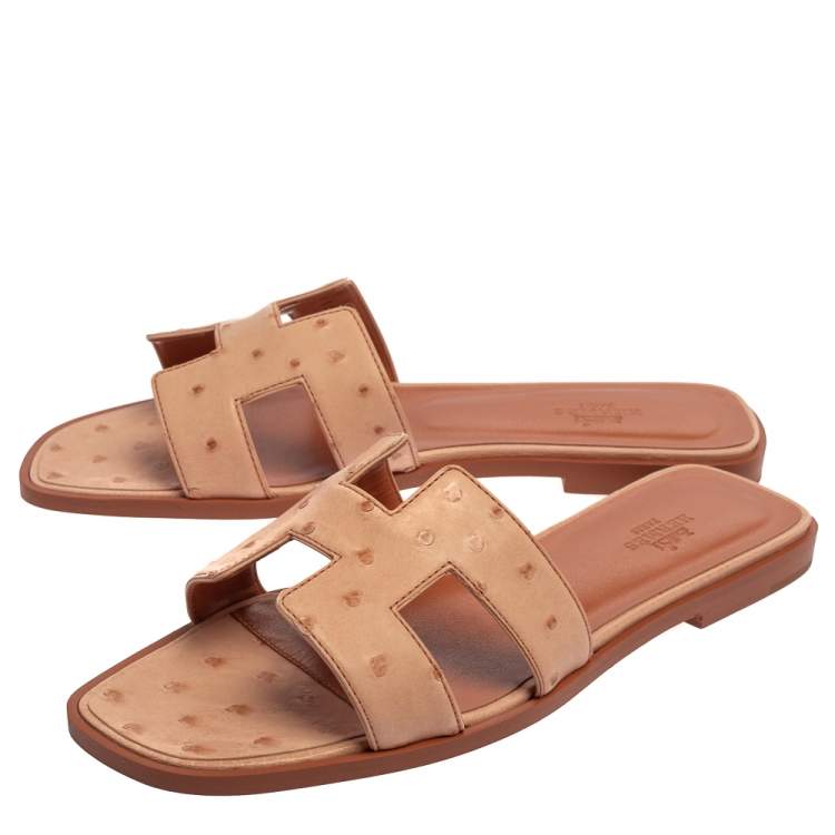 Hermes Pink Ostrich Leather Oran Sandals Size 38