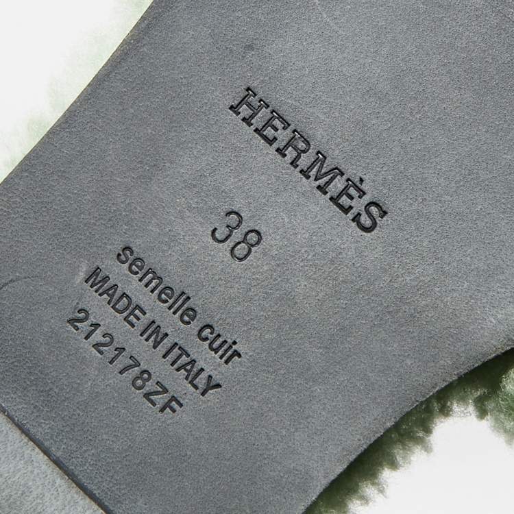 Hermes Mint Green Shearling Fur Oran Flat Sandals Size 38