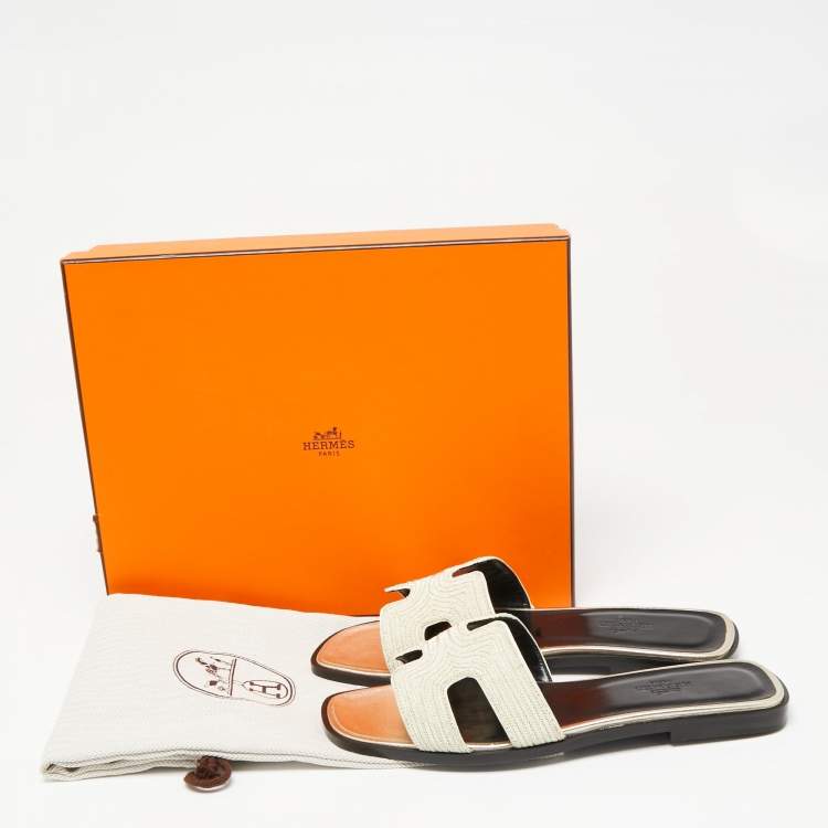 Hermes Beige Fabric Oran Dabka Embroidery Flat Slides Size 37