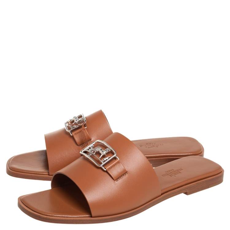 Hermes Brown Leather Villa Flat Slides Sandals Size 37.5