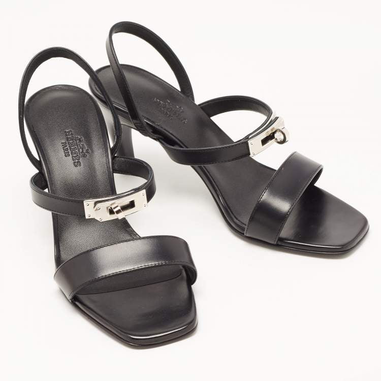 Hermes Black Leather Glamour Slingback Sandals Size 36
