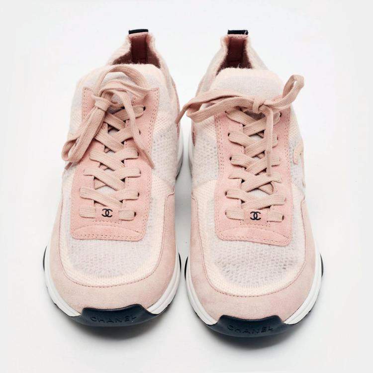 Chanel CC Size 40.5 Two Tone Knit Fabric and Suede Lace Up Sneakers