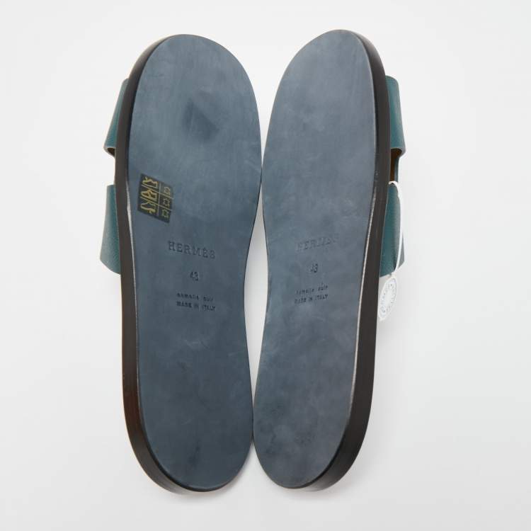 Hermes Green Leather Izmir Flat Slides Size 43