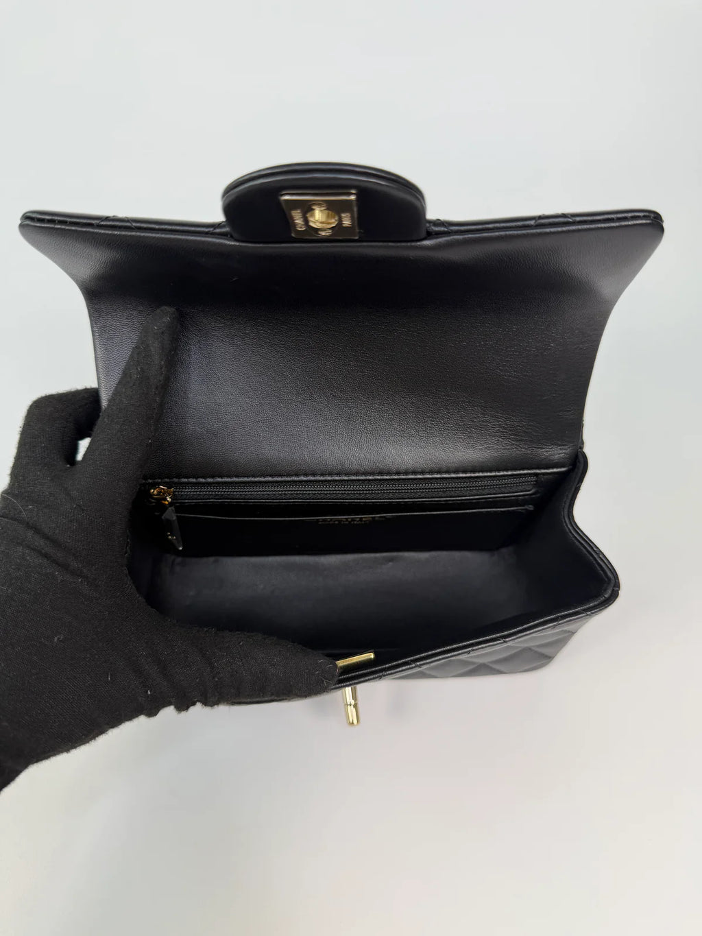 CHANEL MINI RECTANGLE TOP HANDLE IN BLACK LAMBSKIN LEATHER WITH PALE GOLD HARDWARE