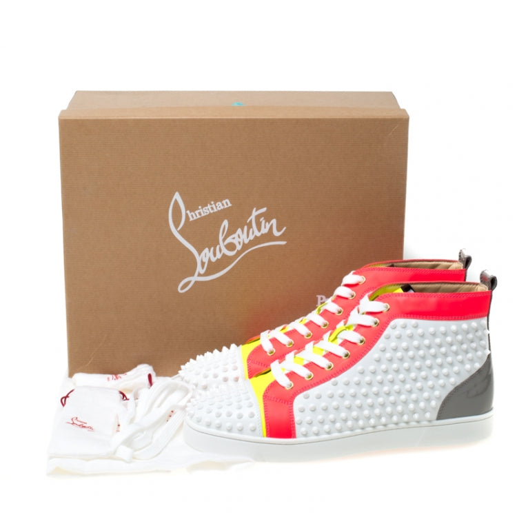 Christian Louboutin White Leather With Flourescent Matt Louis Spikes High Top Sneakers Size 45