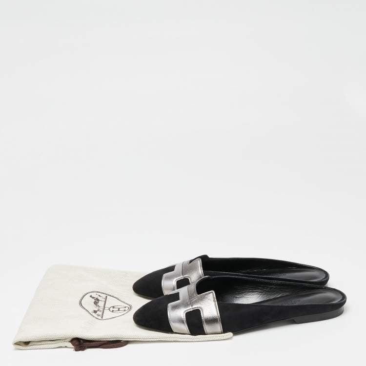 Hermes Black/Metallic Grey Suede and Leather Roxane Flat Mules Size 37