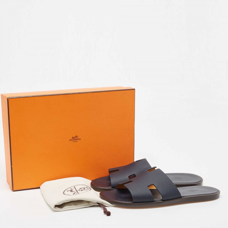 Hermès Navy Blue Leather Izmir Flat Slides Size 45