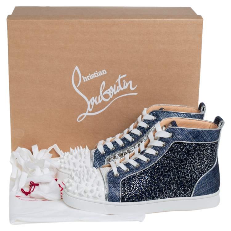 Christian Louboutin Denim Blue Silver White Lou Degra Spikes Studded High Top Sneakers Size 40