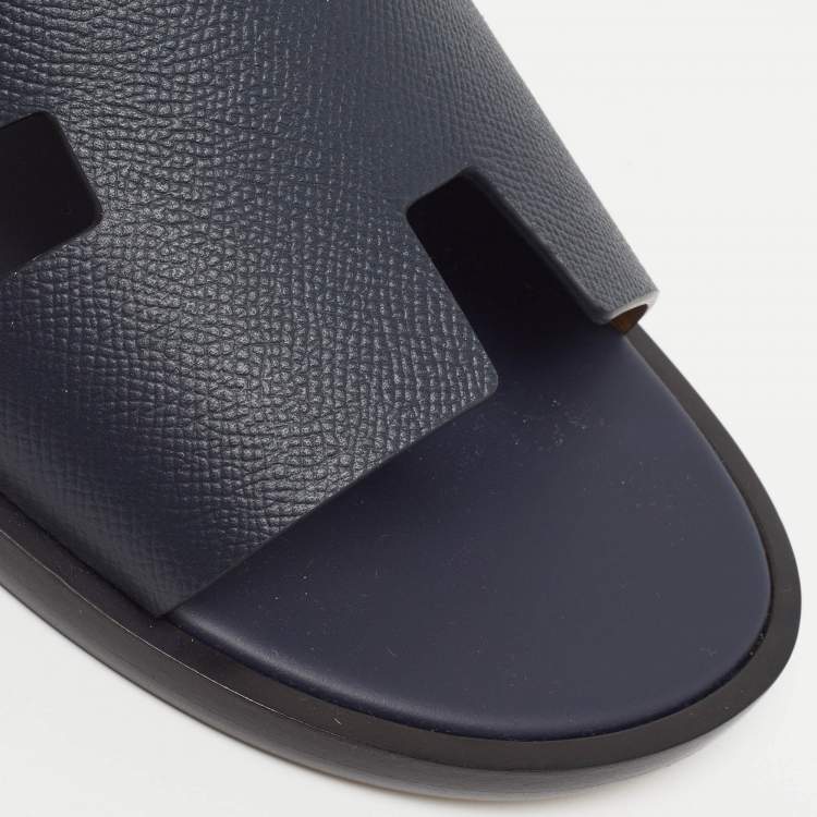 Hermès Izmir Size 43.5 Navy Blue Leather Flat Slides