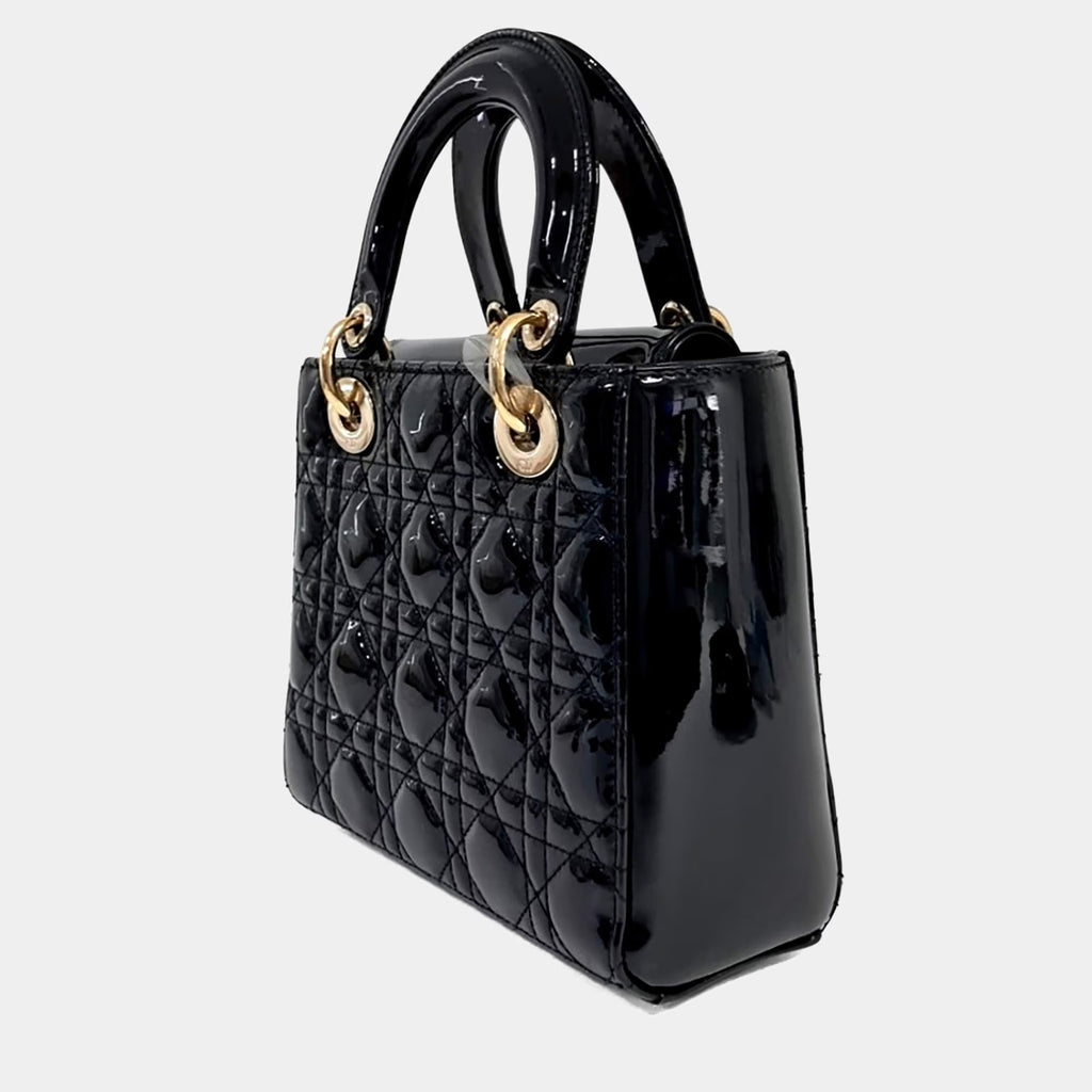 Dior Black Leather Patent Cannage Lady Bag Small