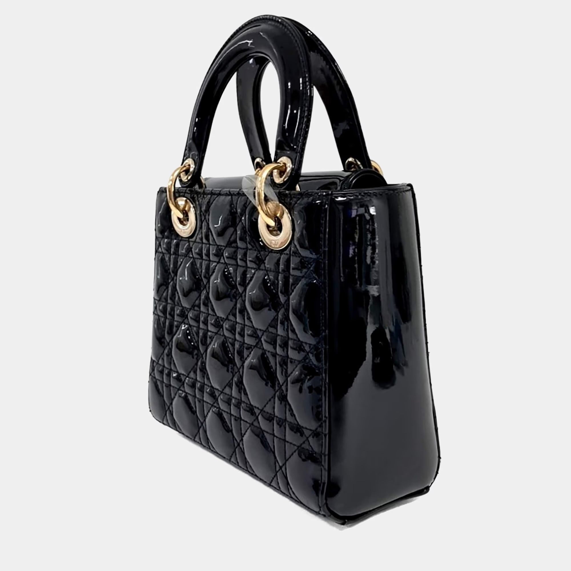 Dior Black Leather Patent Cannage Lady Bag Small