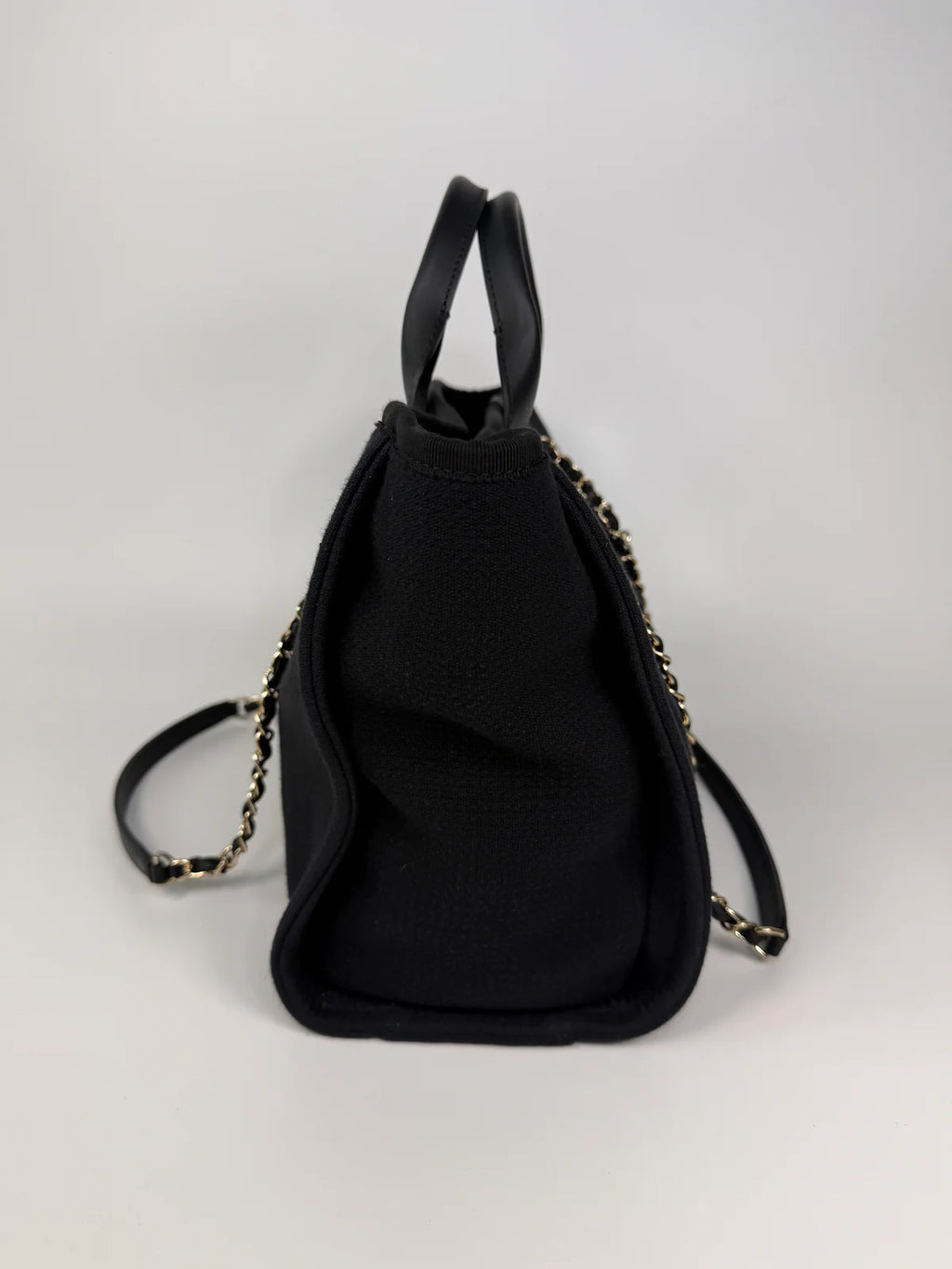 CHANEL SMALL DEAUVILLE TOTE BAG IN BLACK WITH PALE GOLD HARDWARE
