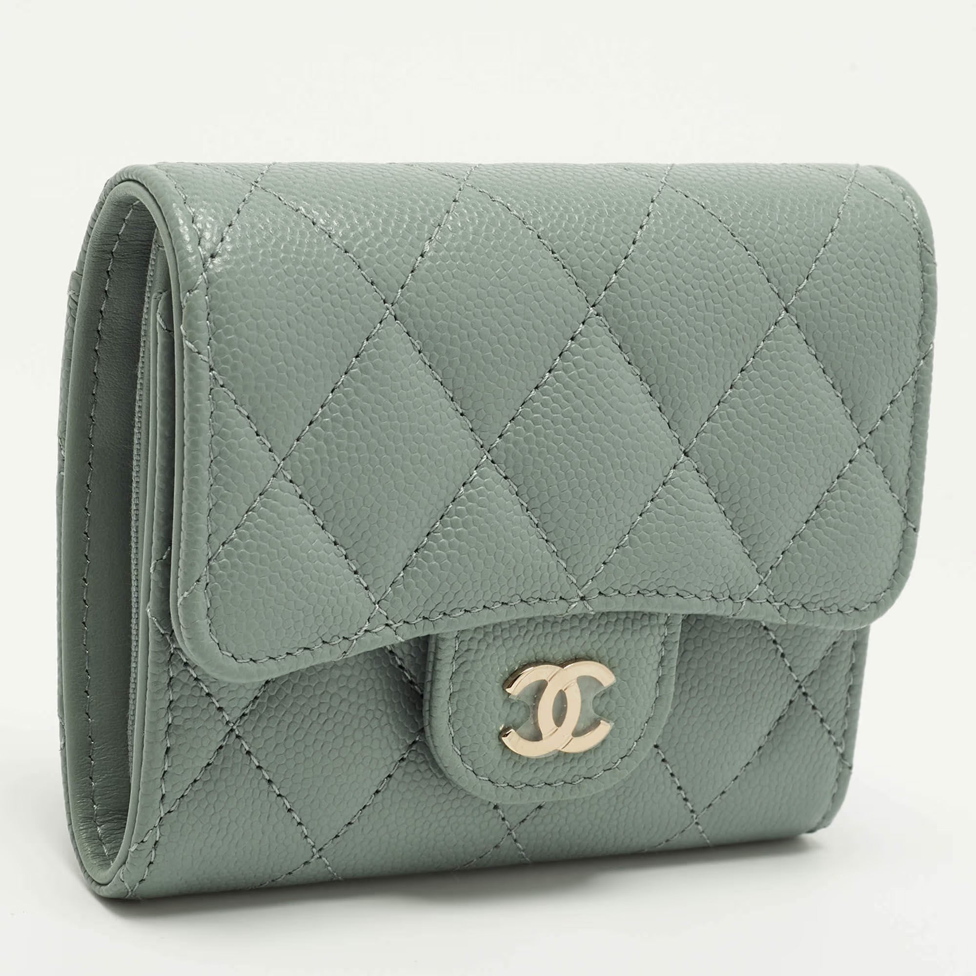 Chanel Classic Sage Green Quilted Caviar Leather Trifold Wallet