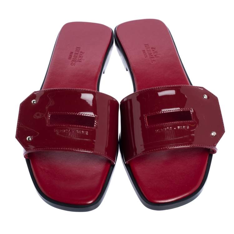Hermes Red Patent Leather View Slide Sandals Size 37.5