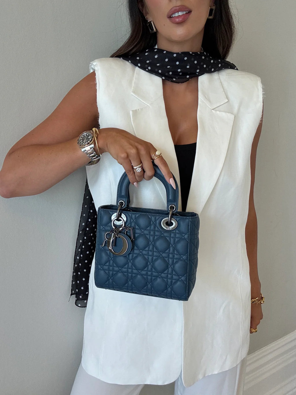 CHRISTIAN DIOR LADY DIOR SMALL BAG IN DENIM BLUE WITH SILVER HARDWARE