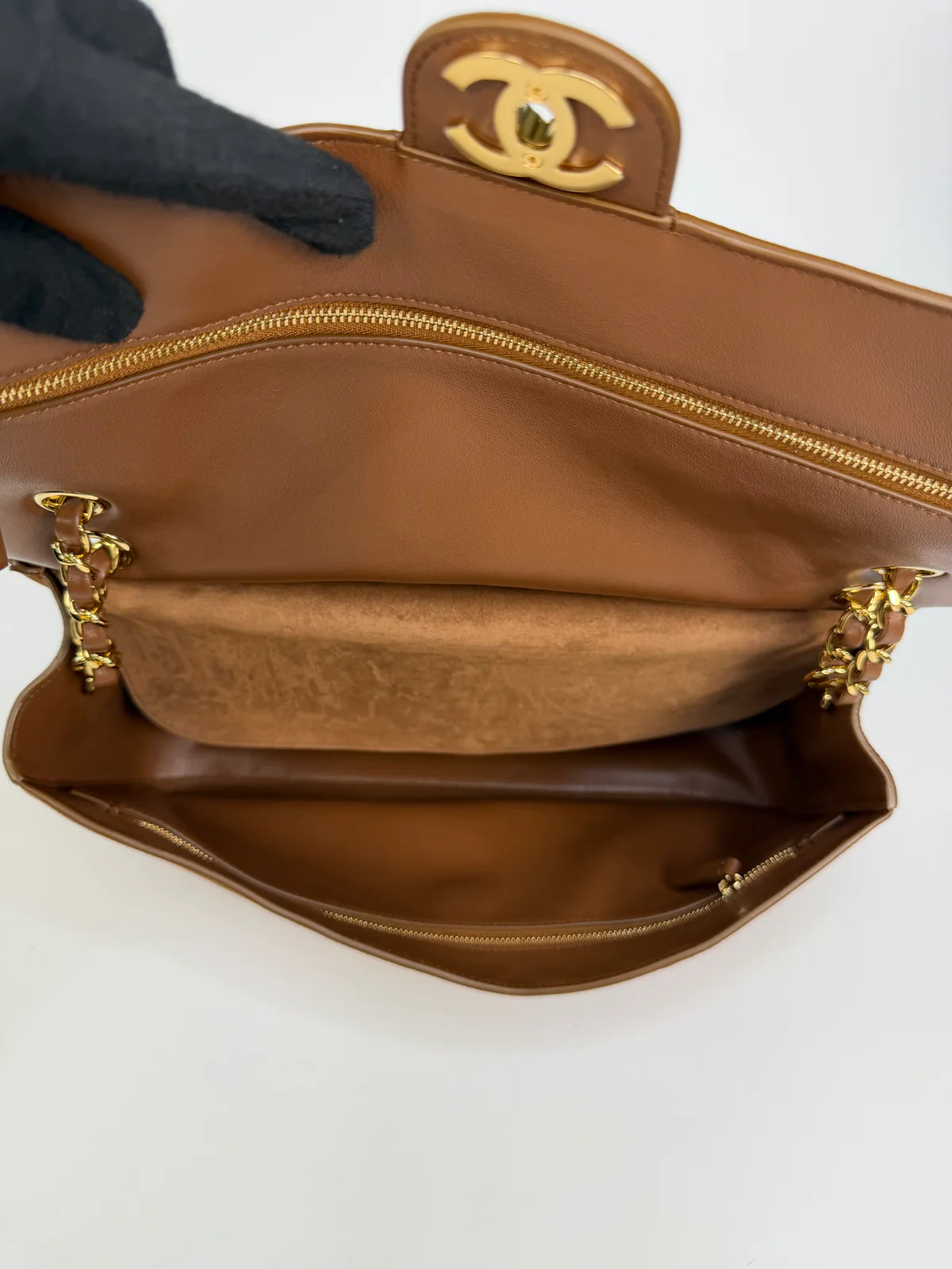 CHANEL MAXI FLAP IN TAN SUEDE WITH GOLD HARDWARE